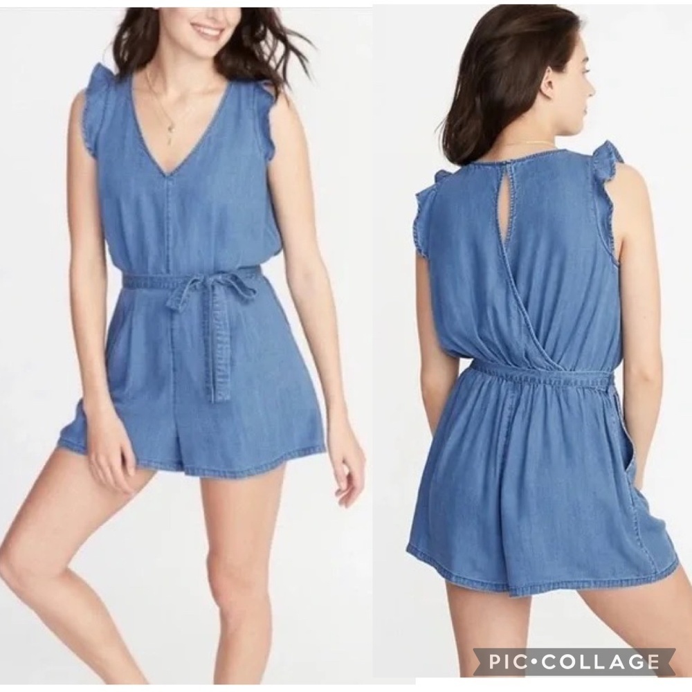 Old Navy Flutter Sleeve Chambray Faux-Wrap Tie-Belt Romper – Size S